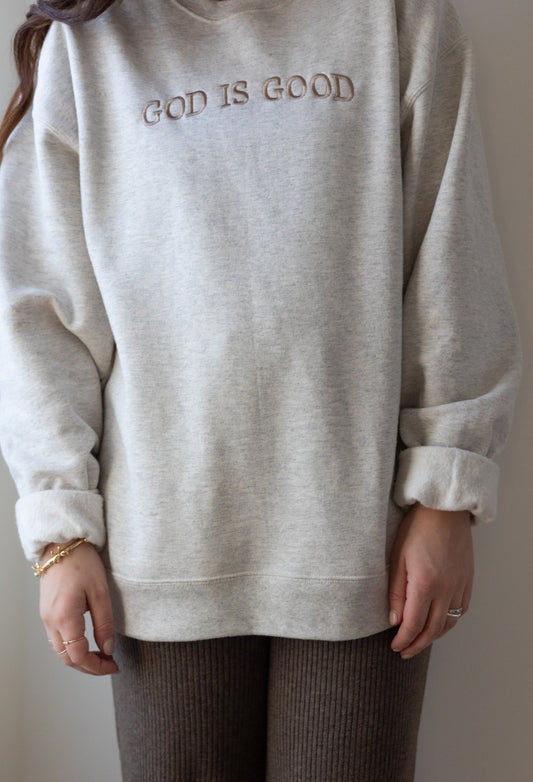 Oatmeal 'God is Good' Crewneck
