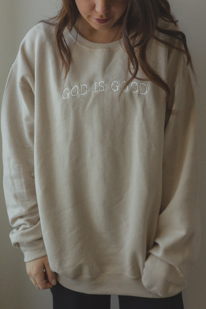 Sand 'God is Good' Crewneck