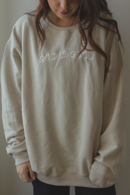Sand 'God is Good' Crewneck